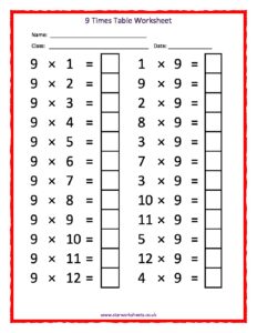 9 Times Tables Worksheet | Star Worksheets