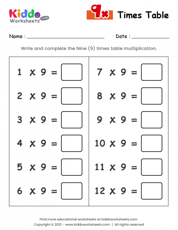 Free Printable 9 Times Table Worksheet Worksheet - kiddoworksheets