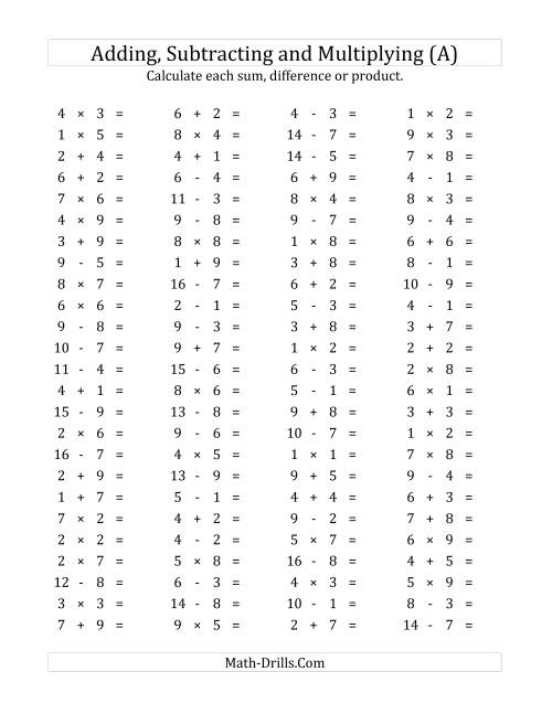 100 Horizontal Addition/Subtraction/Multiplication Questions ...