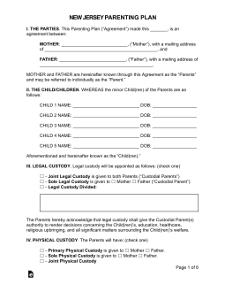 Free New Jersey Custody (Parenting) Plan - PDF | Word - eForms