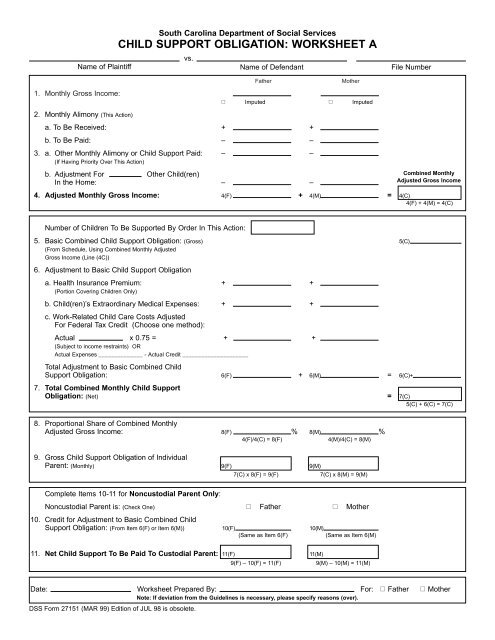 Child Support Obligation Worksheets.