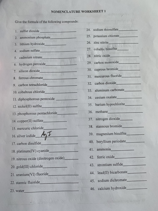 Solved NOMENCLATURE WORKSHEET 1 Give the formula of the | Chegg.com