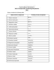 nomenclature worksheet 3 ionic compounds containing polyatomic ions