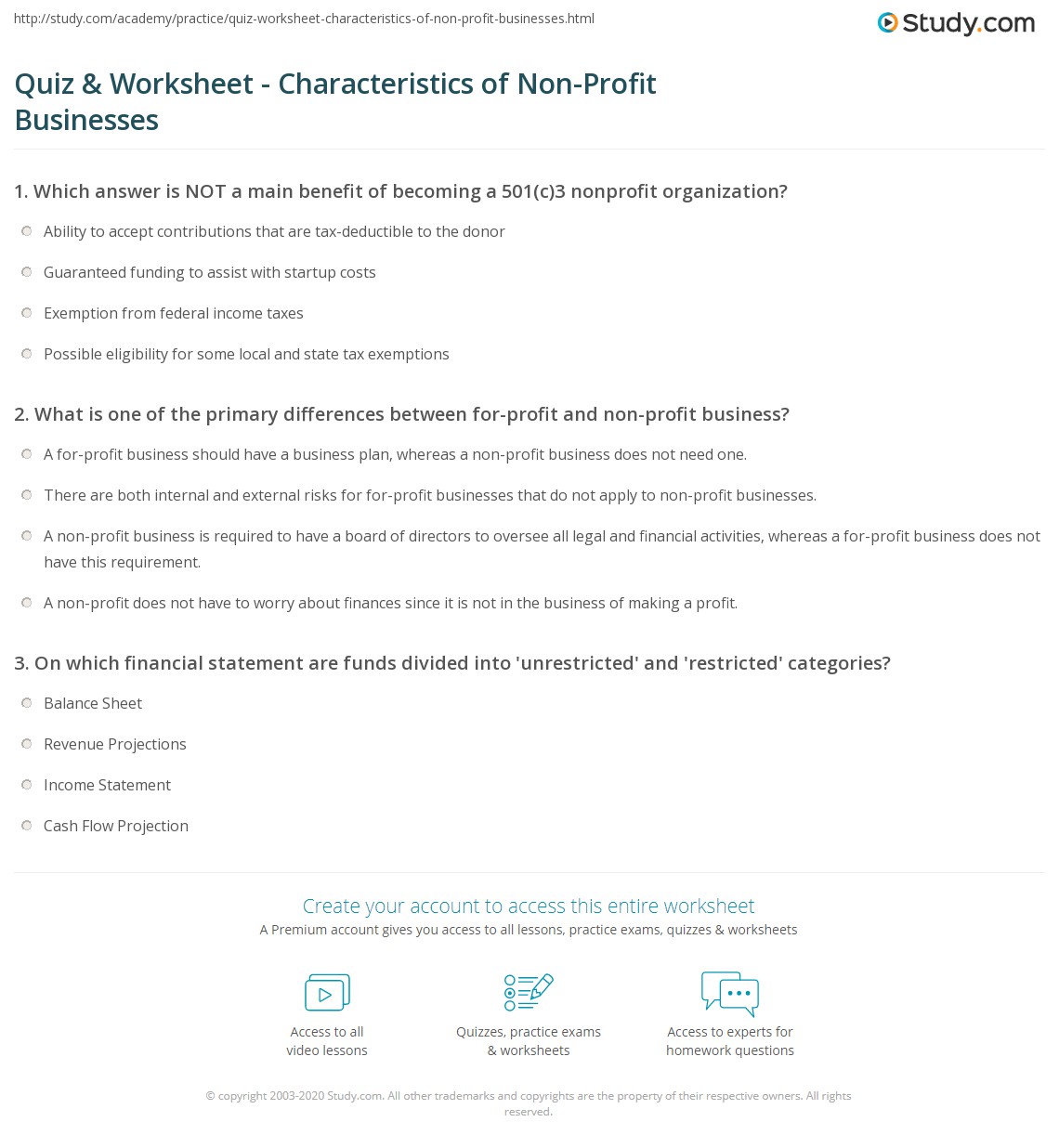 Quiz &  Worksheet - Characteristics of Non-Profit Businesses ...