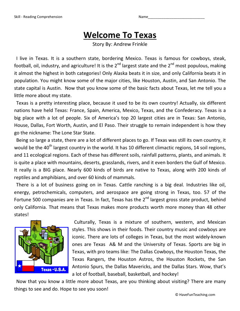 Reading Comprehension Worksheet - Welcome to Texas