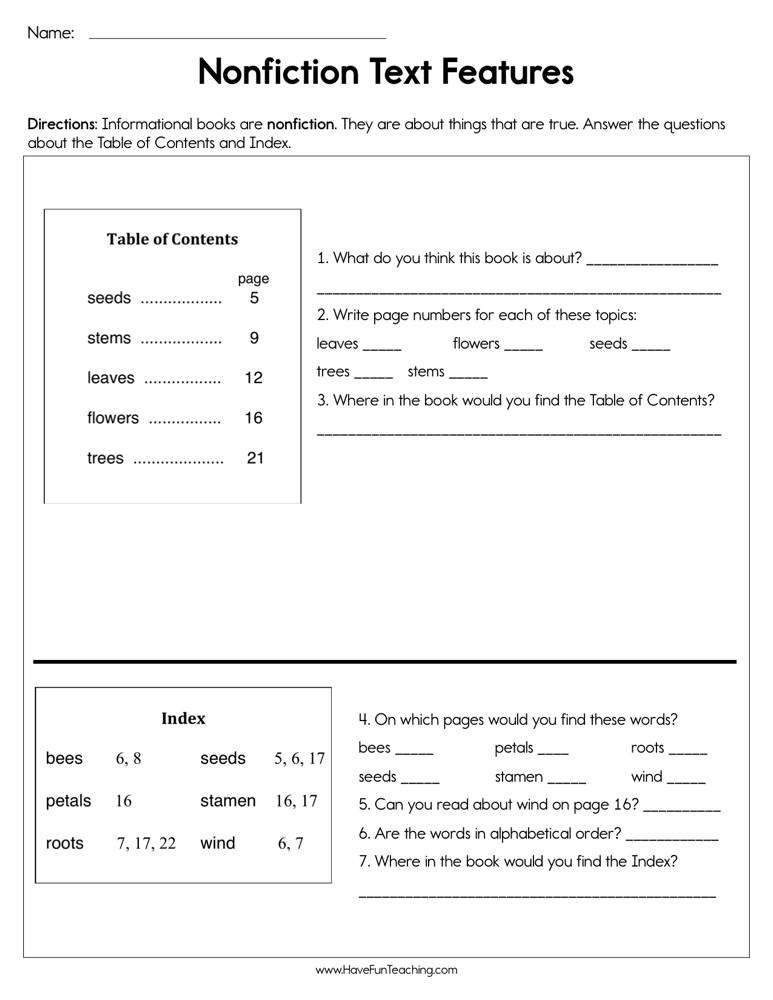 Nonfiction Text Features Worksheet  