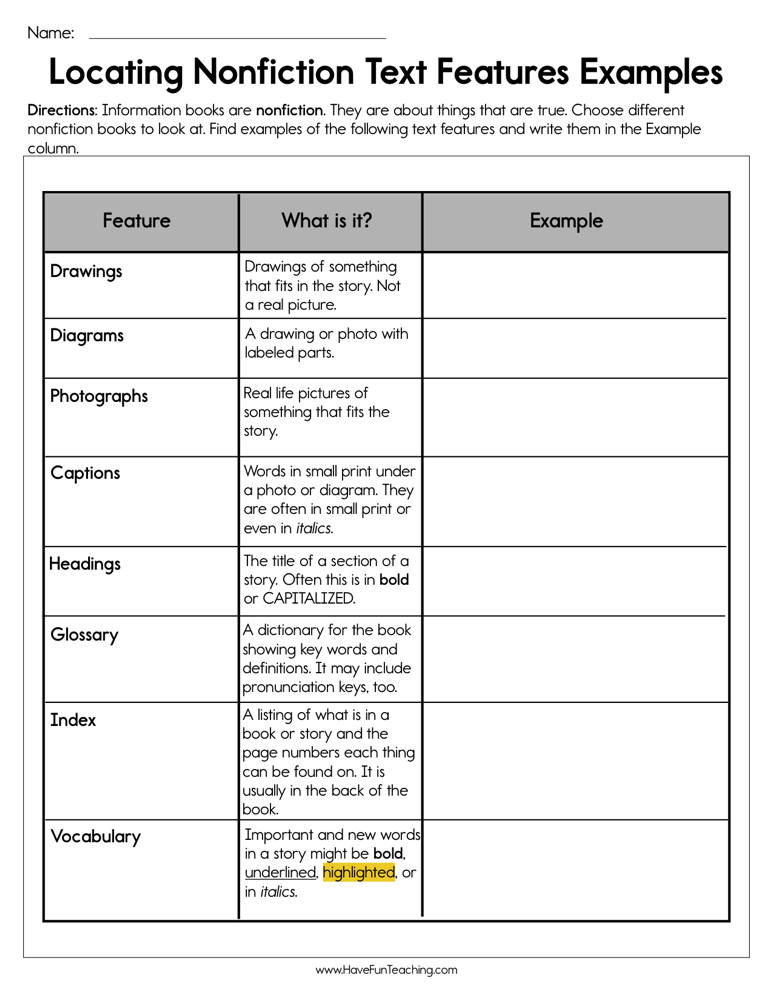 nonfiction text features worksheet