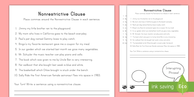 Nonrestrictive Clause Worksheet / Worksheet (teacher made)