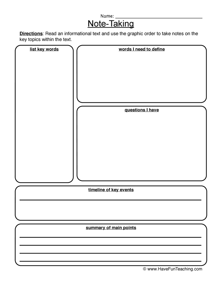 Informational Text Note-Taking Worksheet  