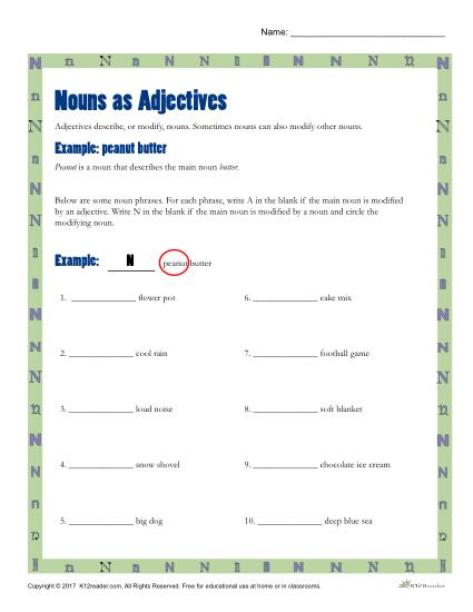 Nouns as Adjectives | Printable 3rd-4th Grade Nouns Activity