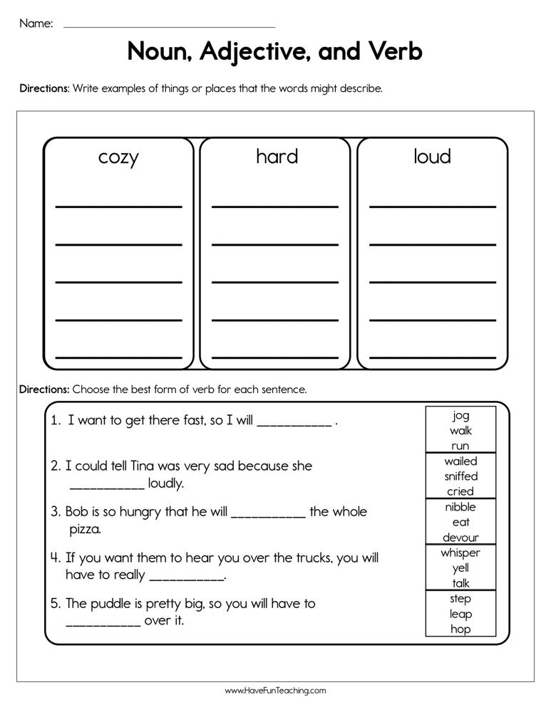 Noun Adjective and Verb Worksheet