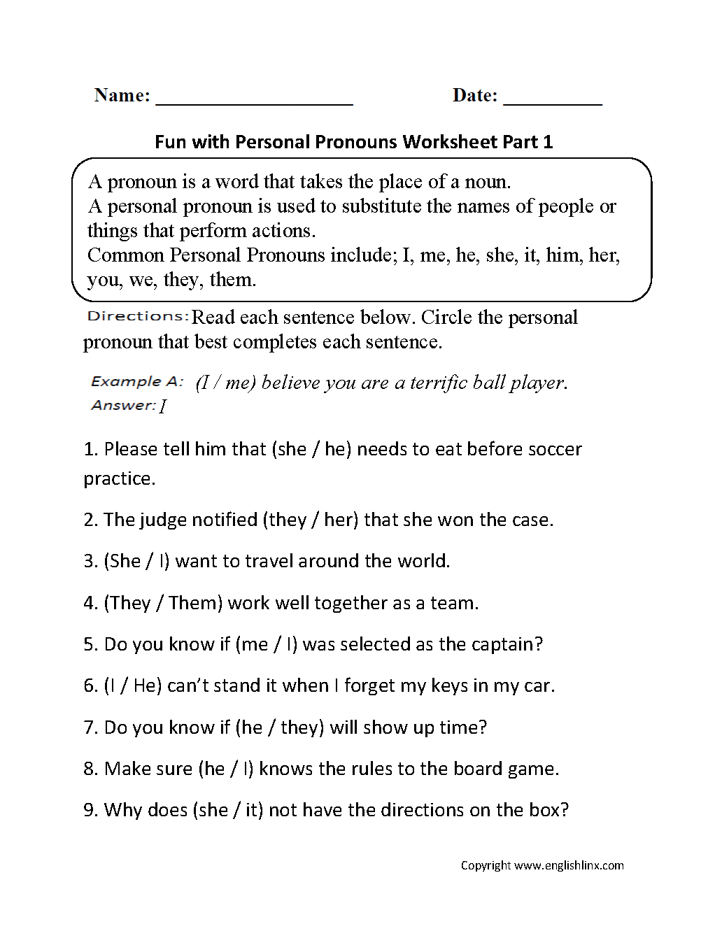noun and pronoun worksheet
