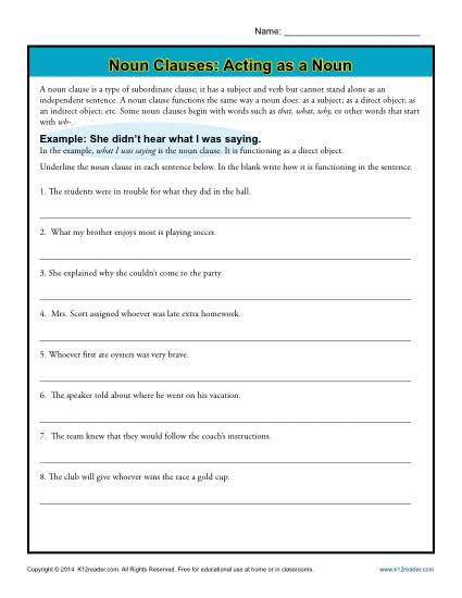 Noun Clauses: Acting as a Noun | Noun Clause Worksheets