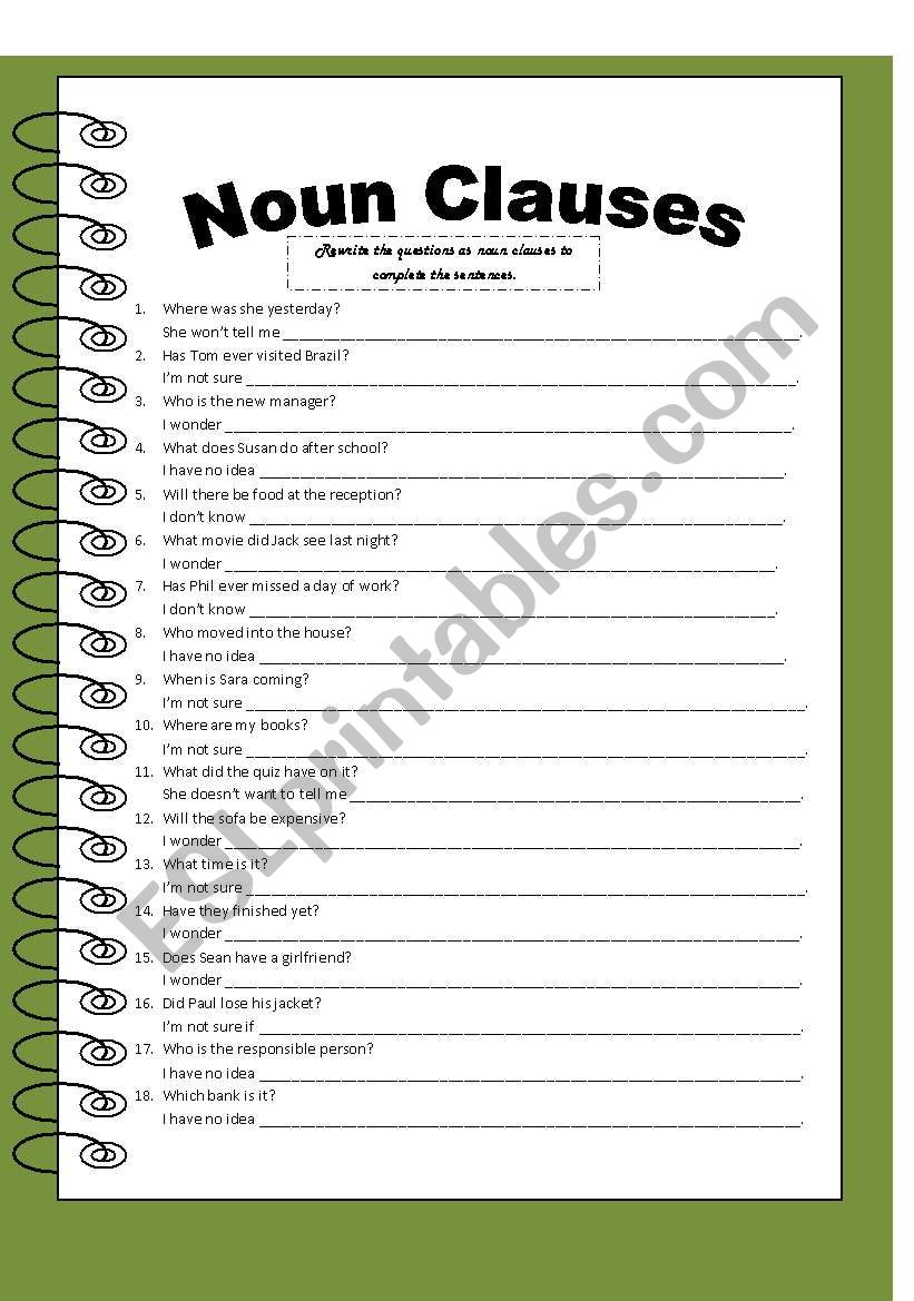 Noun Clauses - ESL worksheet by jjeebers