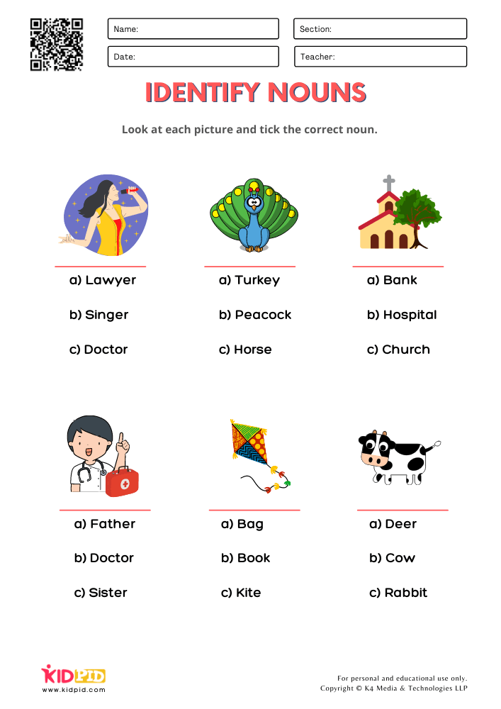 Identify Noun Worksheets for Grade 1 - Kidpid