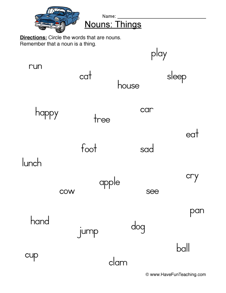 Identifying Nouns Worksheet  