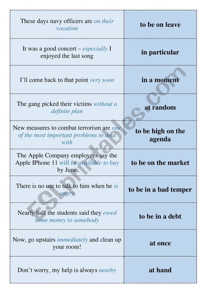 Preposition + noun (synonymic phrases) - ESL worksheet by lyubka87