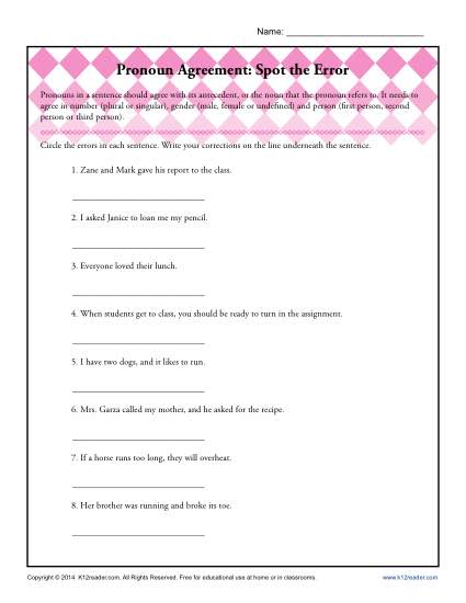 Pronoun Agreement: Spot the Error | Pronoun Agreement Worksheet