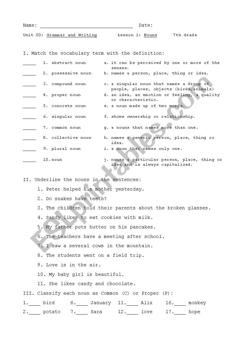noun quiz worksheet