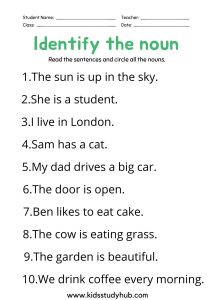 noun sentence worksheet