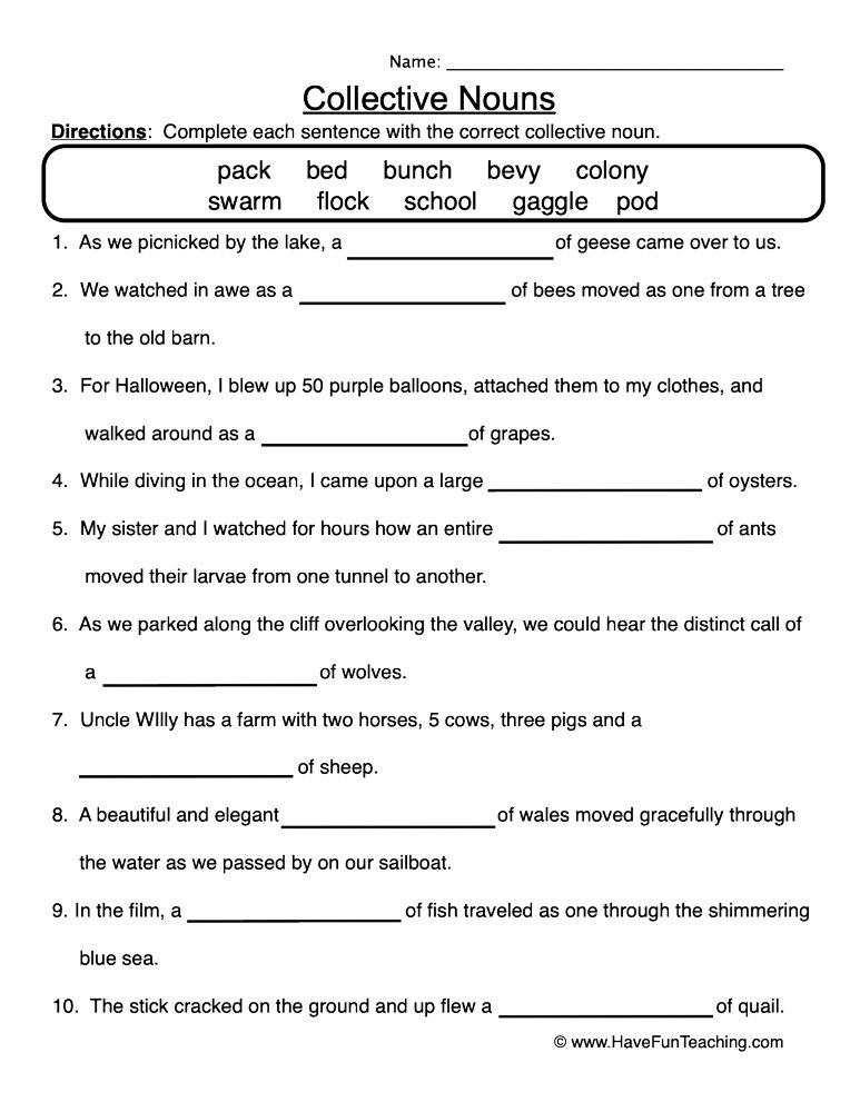 noun sentence worksheet