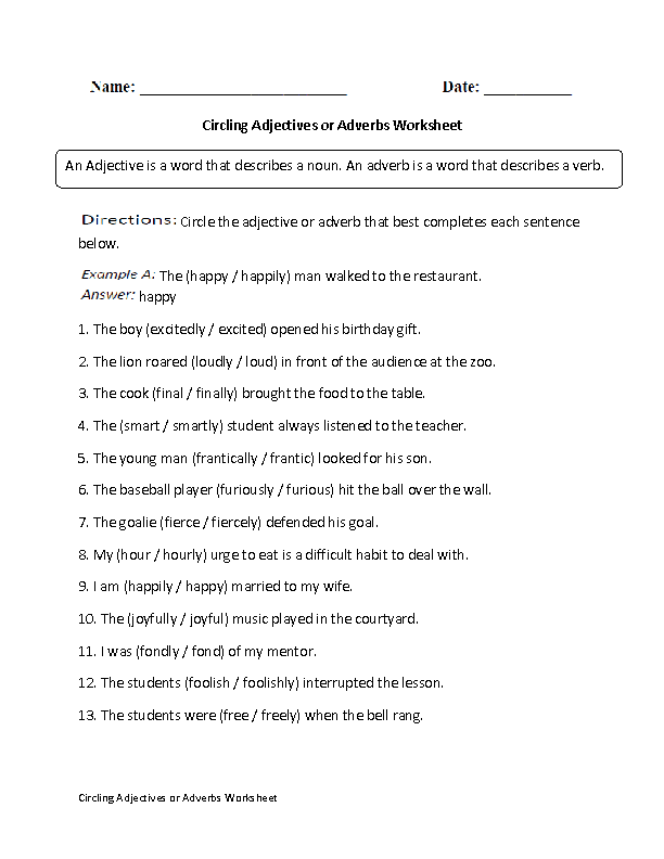 noun verb adjective adverb worksheet
