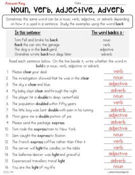 noun verb adjective adverb worksheet