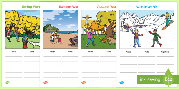 Seasons-Themed Verb Adjective Noun Worksheets - Word class