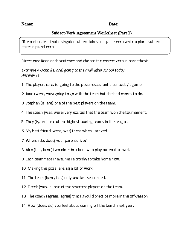 Verbs Worksheets | Subject Verb Agreement Worksheets