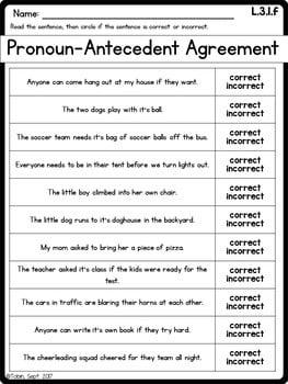 noun verb and antecedent worksheet