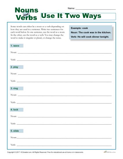 Use It Two Ways | Printable Nouns and Verbs Worksheet
