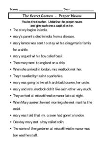 The Secret Garden - Proper Nouns II Worksheet for 4th - 7th Grade ...