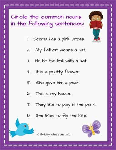 Class 1 English Grammar - Common Noun Worksheet 4 - EStudyNotes
