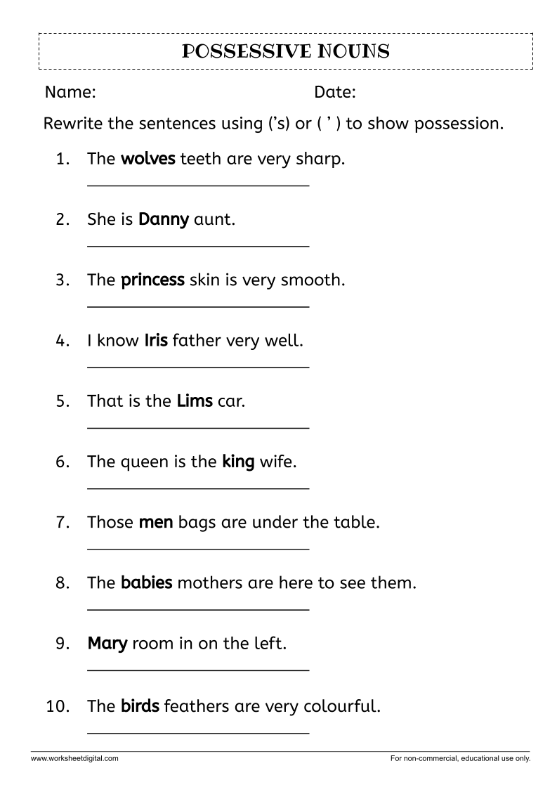 Possessive Nouns by adding (s) or () - Worksheet Digital