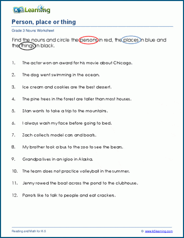 Nouns as a person place or thing worksheets | Worsheets library