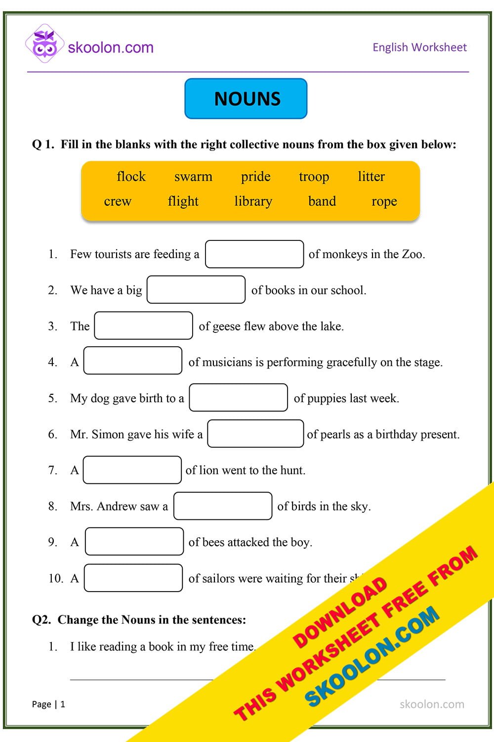 Nouns Worksheet With Answers Skoolon Worksheets Library