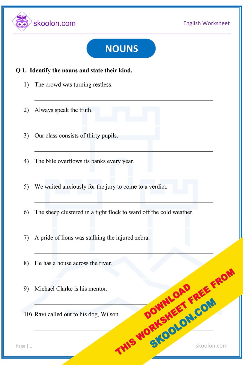noun worksheet for 6th grade