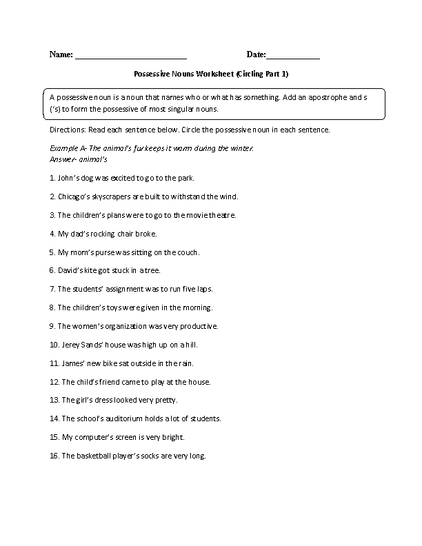 Nouns Worksheets | Possessive Nouns Worksheets