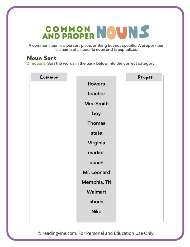noun worksheet for middle school students