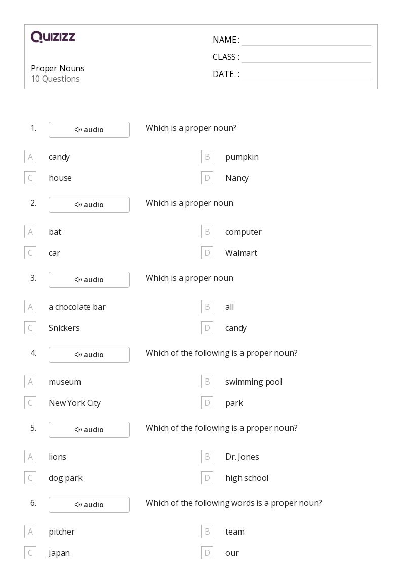 50+ Proper Nouns worksheets for 1st Grade on Quizizz | Free ...