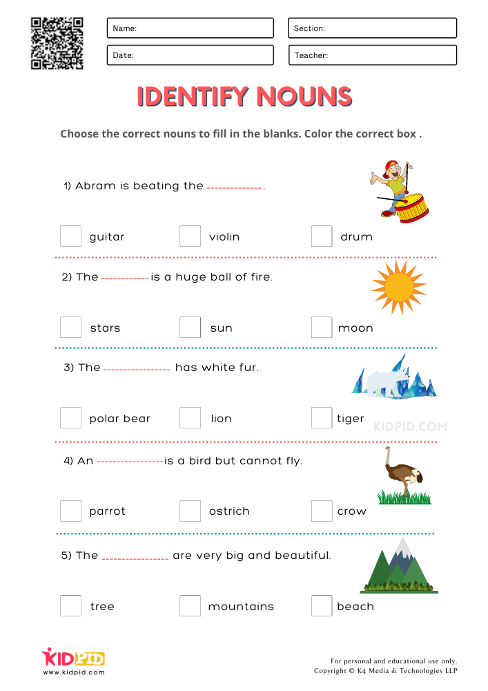 Identifying Nouns Worksheets for Grade 2 - Kidpid