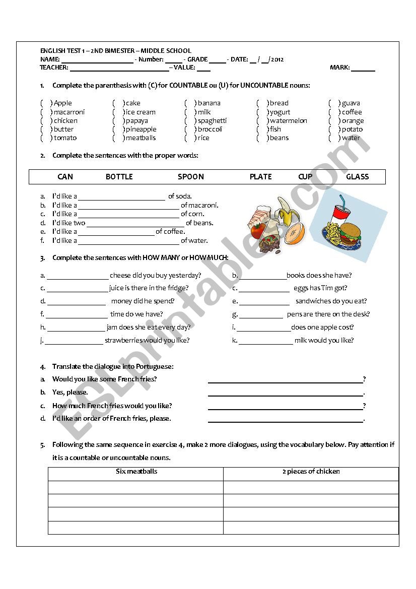 MIDDLE SCHOOL TEST ON COUNTABLE AND UNCOUNTABLES NOUNS - ESL ...