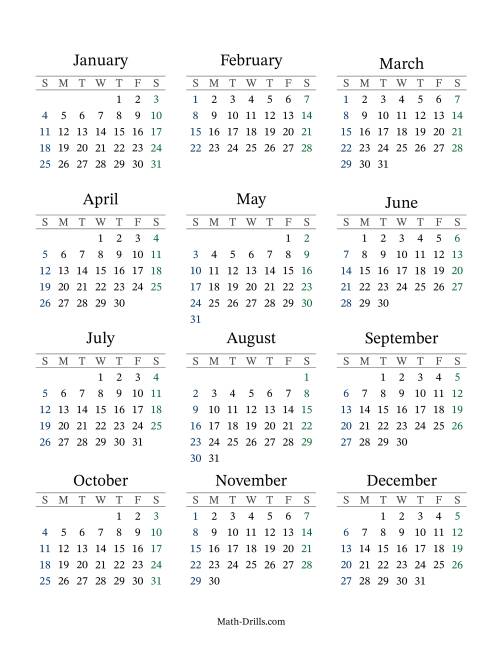 Fillable Title) General Yearly Calendar with January 1 on a ...