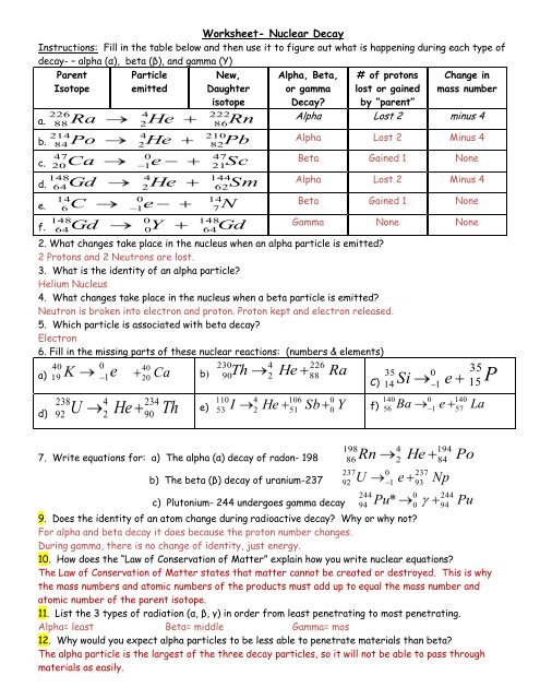 nuclear decay worksheet answers