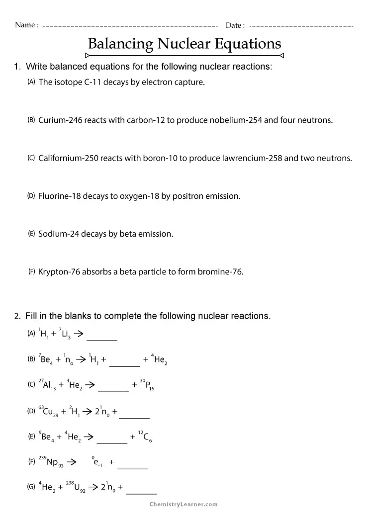 Free Printable Balancing Nuclear Equations Worksheets