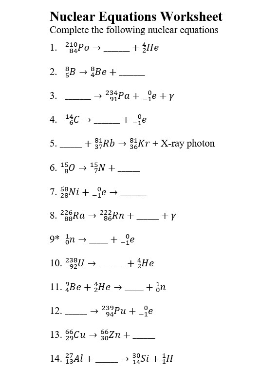 nuclear equations worksheet with answers