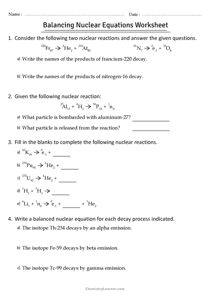 nuclear equations worksheet with answers