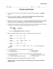 Worksheet - Fission and Fusion - Teacher - Teacher Notes Name Key ...