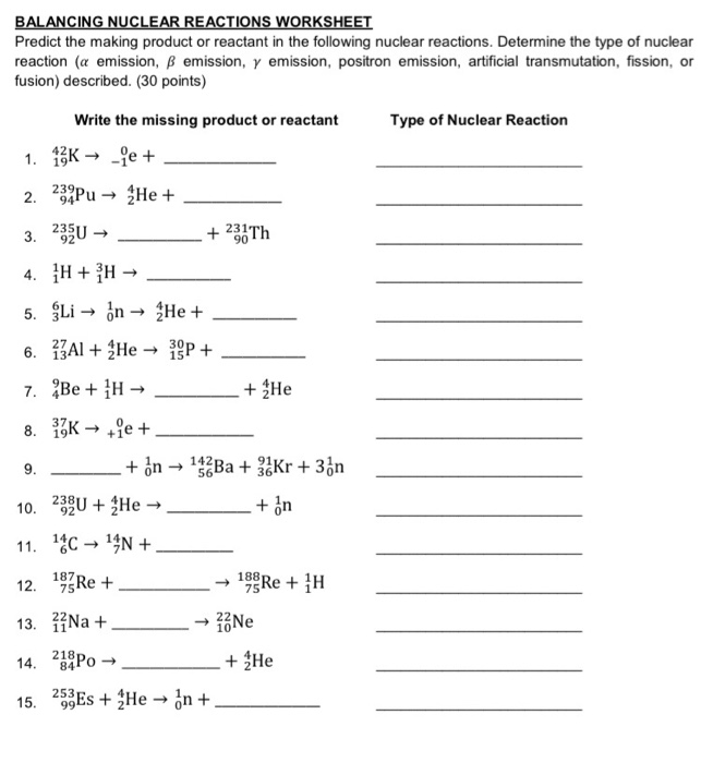 nuclear reactions worksheet answers