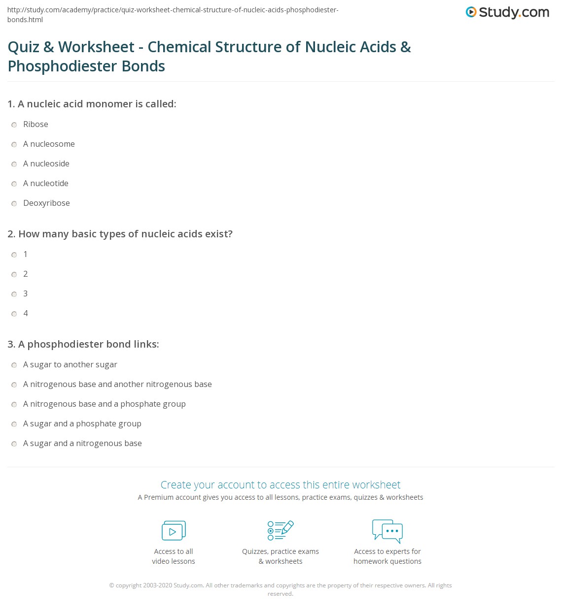 Quiz &  Worksheet - Chemical Structure of Nucleic Acids ...